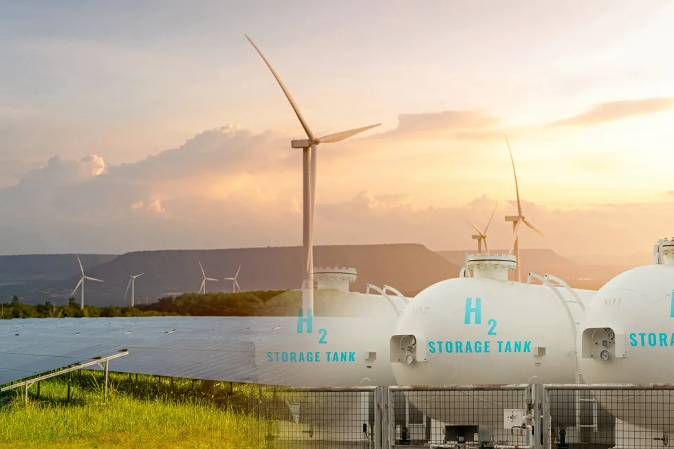 A computer rendering suggesting a green hydrogen project powered by wind and solar power.