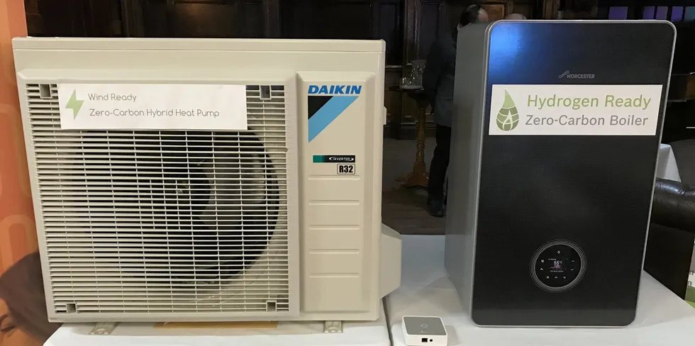 Rival technologies: A heat pump and a hydrogen-ready boiler.