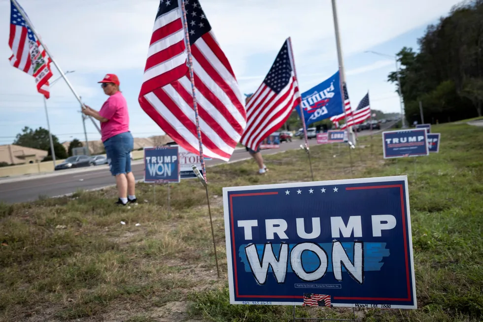 En tilhenger hyller sin president-kandidat Donald Trump utenfor byen Palm Harbor i Florida.