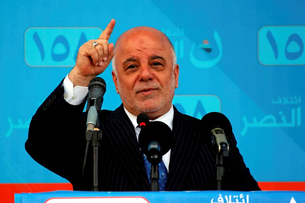 Going to the polls: Iraqi Prime Minister Haider al-Abadi talks during a campaign rally in Najaf