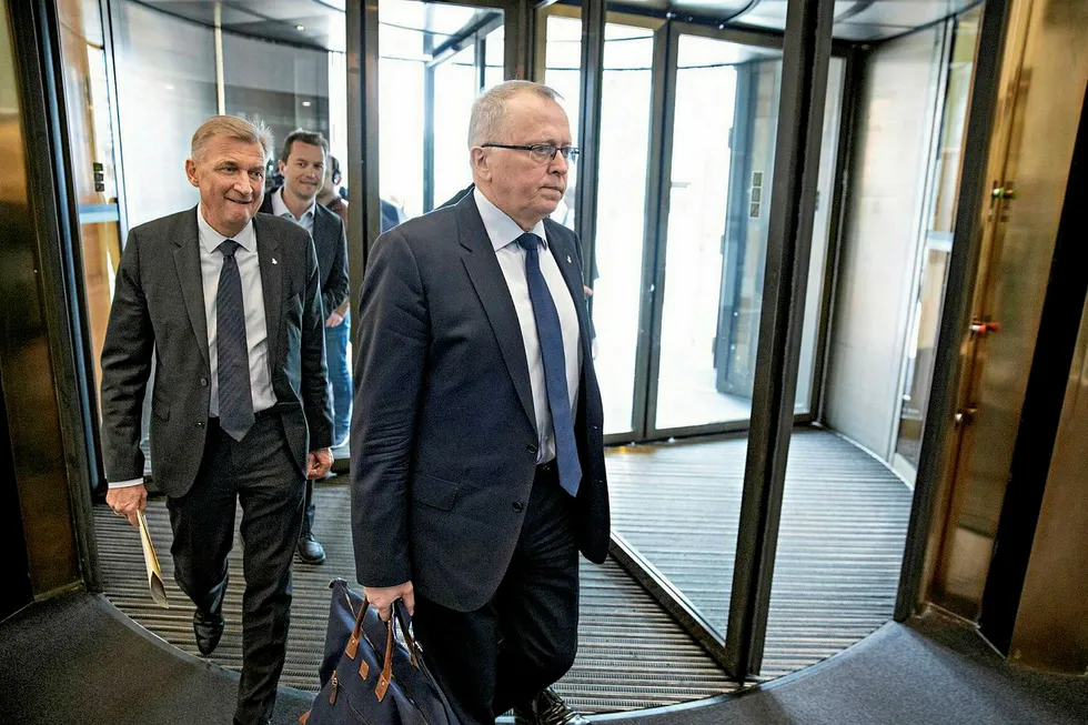 Facing the music: Equinor senior executives led by chief executive Eldar Saetre (front right) and chairman Jon Erik Reinhardsen (left) attend meeting with Petroleum & Energy Minister Tina Bru to discuss US losses