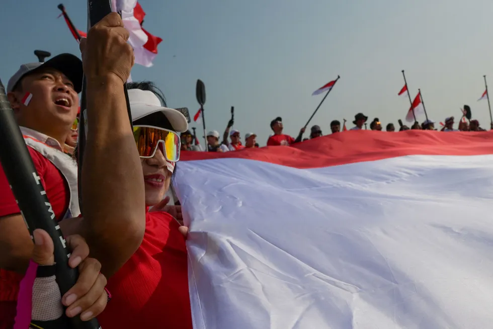 Patriotic: recreational kayakers unfurl a large Indonesian national flag in August as part of the country’s 78th Independence Day celebrations.