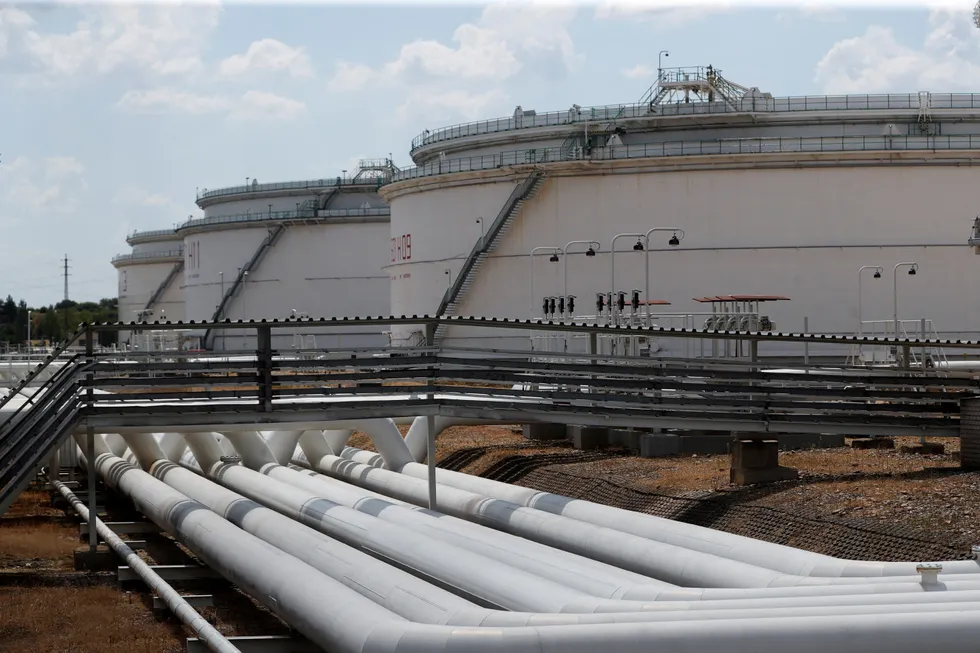 Storage tanks at an oil hub that receives Russian oil via the Druzhba pipeline, near the town of Nelahozeves in the Czech Republic.