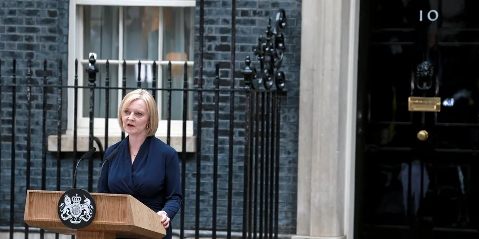 Former Prime Minister Liz Truss gives a speech at Downing Street in London.