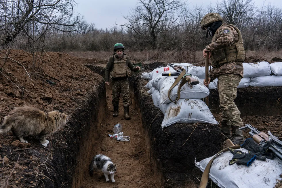 Ukrainske soldater i skyttergravene forbereder seg på russisk invasjon og krig. Her ved fronten i Zolote i Ukraina.