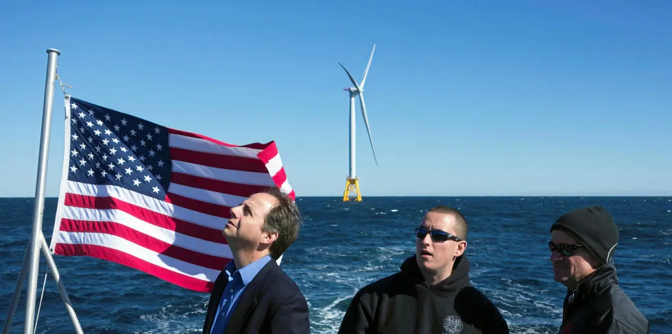 Labour leaders and journalists tour the Block Island Wind Farm, the first offshore wind project in America.
