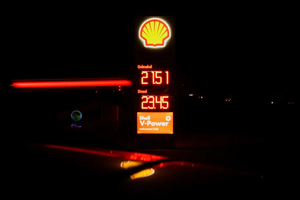 Into the night: fuel prices displayed at a Shell filling station in Johannesburg, South Africa