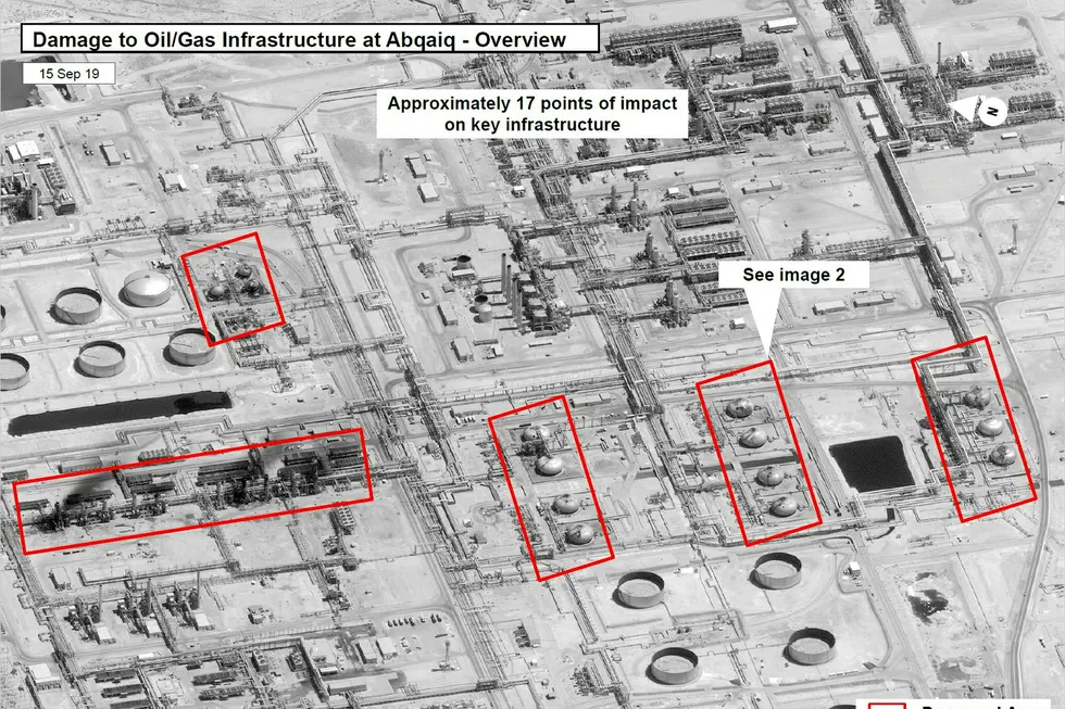 A satellite image showing damage to oil/gas Saudi Aramco infrastructure at Abqaiq, in Saudi Arabia in this handout picture released by the US Government September 15, 2019