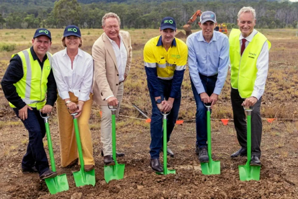 Andrew 'Twiggy' Forrest (third left) with colleagues at the ceremonial dig that marked the start of construction at Fortescue Future Industries' 2GW electrolyser factory in Queensland.