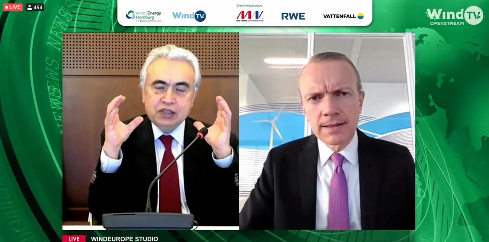 IEA executive director Fatih Birol, left, talking to Giles Dickson on WindTV at the WindEnergy Hamburg event.