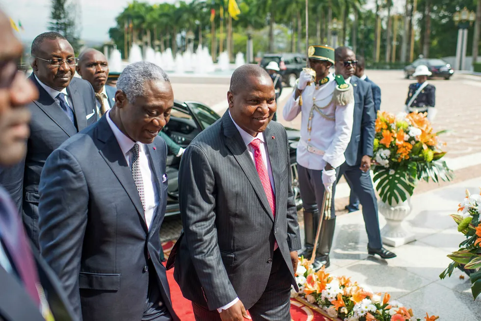 Meeting: Central African Republic's President Faustin-Archange Touadera, in red tie, attending the Cemac extraordinary summit in Cameroon's capital Yaounde, last November