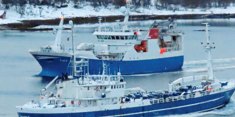 «Hordafor IV« og «Asbjørn Selsbane» passerer hverandre i Tjeldsundet.