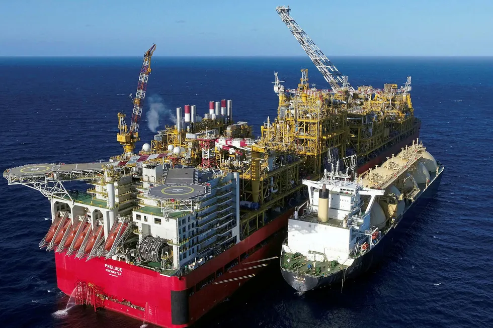 Milestone: the Prelude FLNG plant vessel, with the LNG carrier Gallina alongside during trials