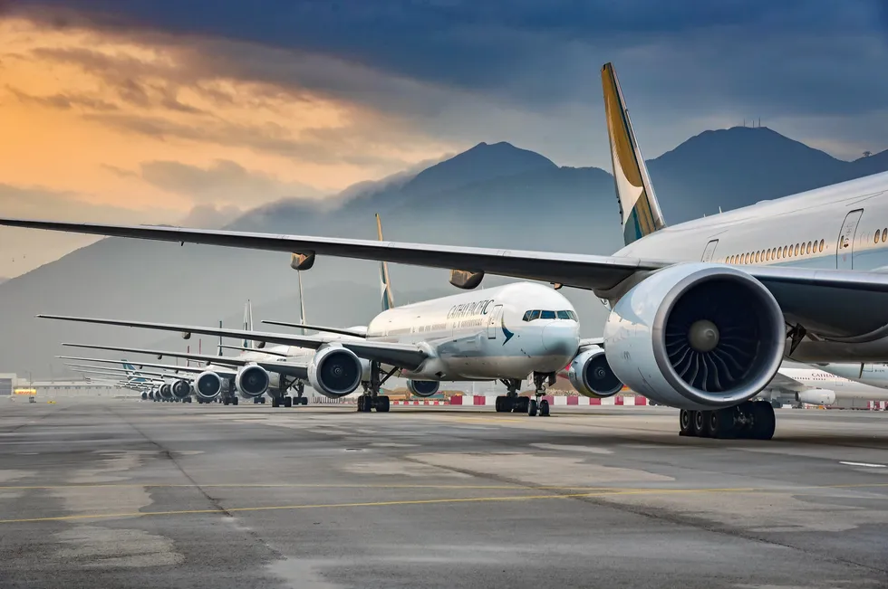 Airplanes parked on a runway at Hong Kong airport at the height of the Covid pandemic in 2020.