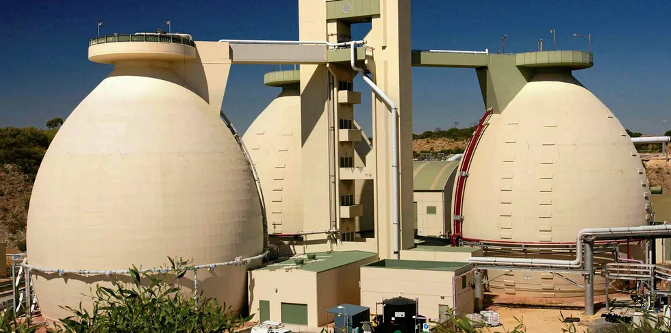 Anaerobic digesters at the Woodman Point Wastewater Treatment Plant in Munster, Western Australia, which produce the biogas that will be used in the Hazer commercial pilot.