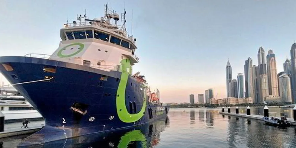 The Green Pioneer, capable of running on ammonia, moored in Dubai for the Cop28 summit.