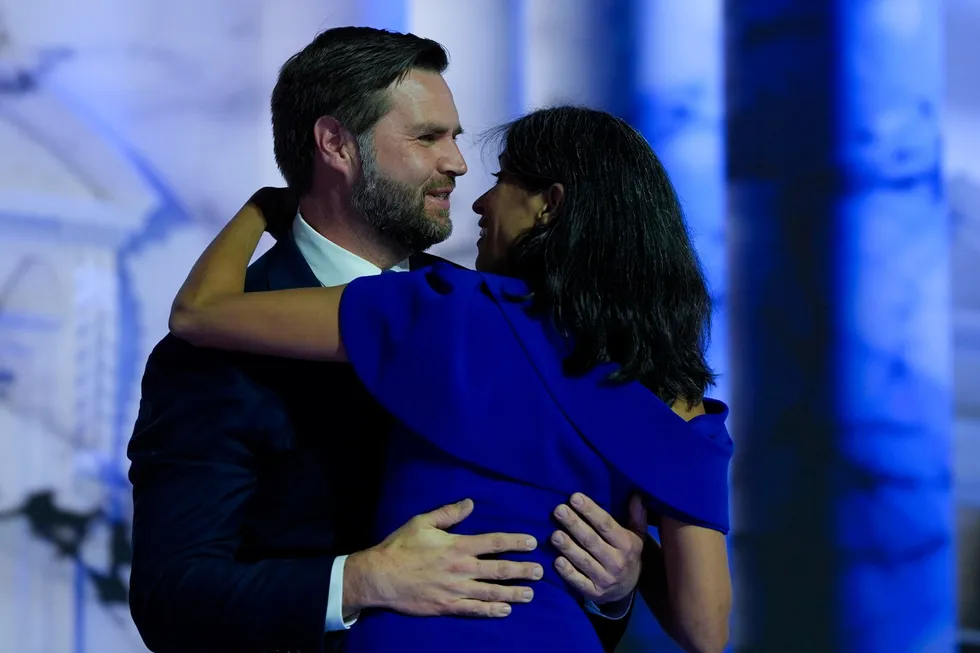 Vice Presidential Nominee Sen. JD Vance embraces his wife Usha Chilukuri Vance during the Republican National Convention Wednesday, July 17, 2024, in Milwaukee. (AP Photo/Julia Nikhinson)