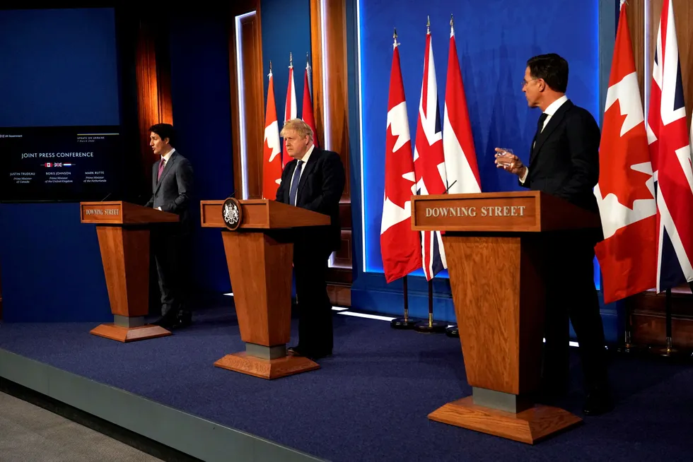 Summit: Canadian Prime Minister Justin Trudeau (left), UK Prime Minister Boris Johnson (centre) and Dutch Prime Minister Mark Rutte (right) attend a press conference in London this week
