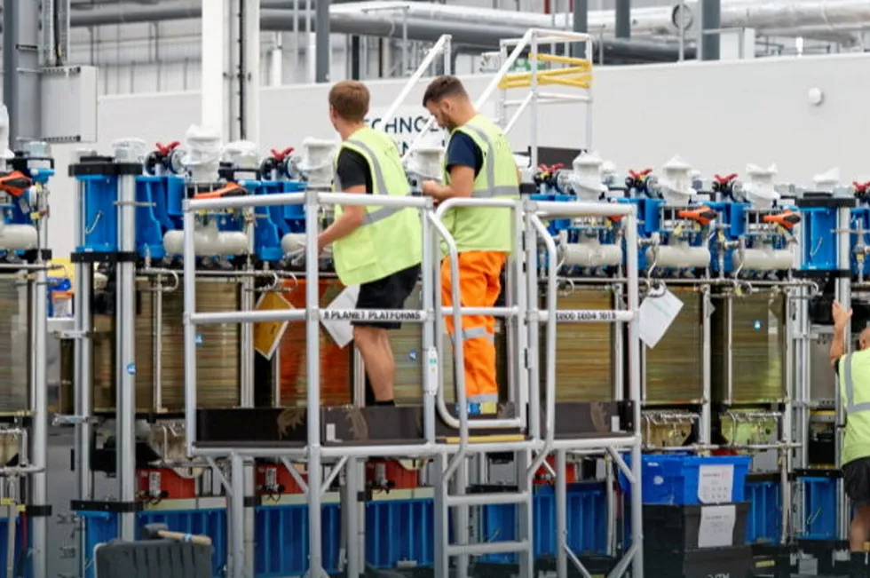 Electrolyser tacks in production at ITM's Sheffield production plant.