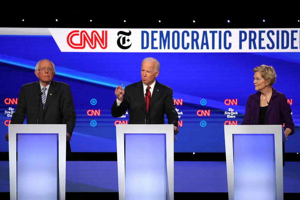 Bernie Sanders (fra venstre), Joe Biden og Elizabeth Warren er de tre største favorittene til å bli demokratenes presidentkandidat neste år.