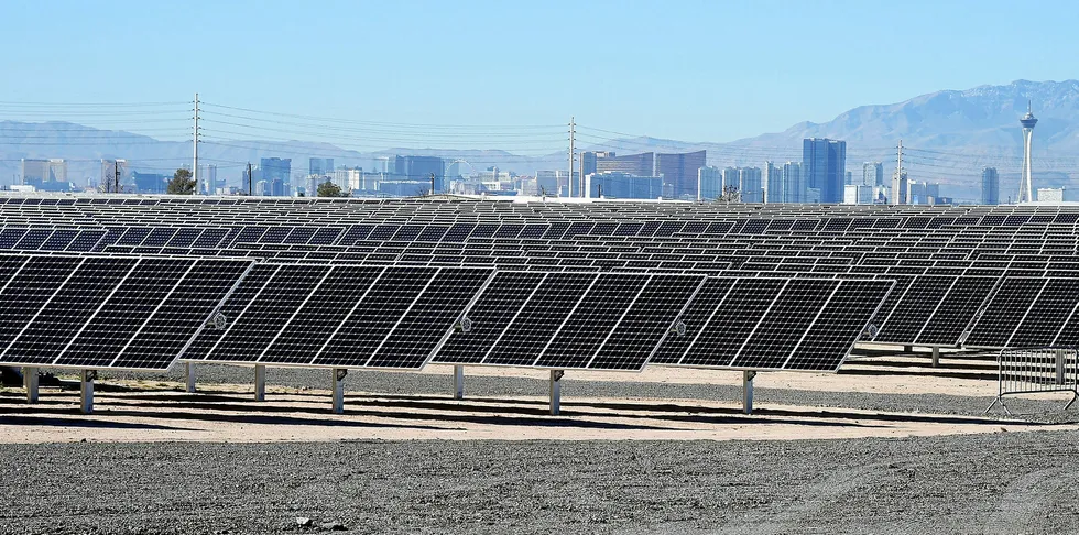 The Las Vegas Strip behind the Solar Array PV project at Nellis Air Force Base in Nevada