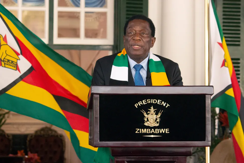 High hopes: Zimbabwean President Emmerson Mnangagwa - fresh from a disputed election victory - speaks at State House in Harare on 27 August