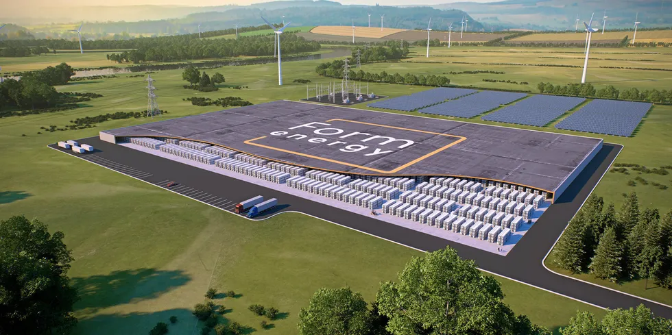 Form Energy Battery System Rendering . A rendering of a large Form Energy iron-air battery facility.