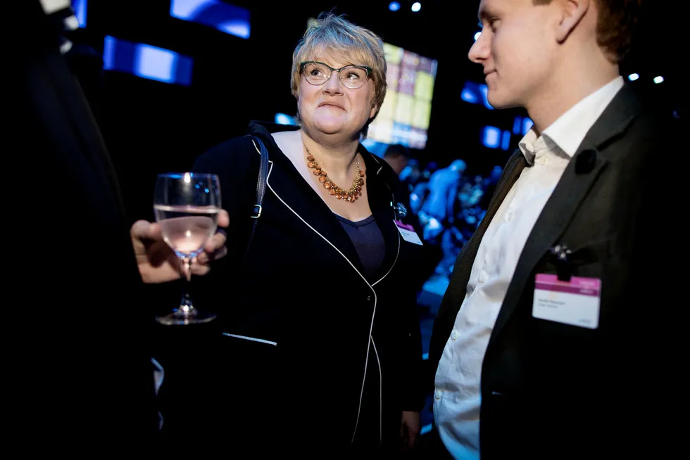 Sondre Hansmark i Unge Venstre sammen med Venstreleder Trine Skei Grande under NHOs årskonferanse tidligere i år.