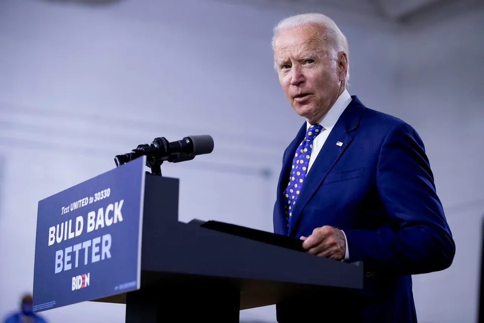 Tidligere visepresident, og nå presidentkandidat for demokratene, Joe Biden under et valgkamparrangement i Delaware.