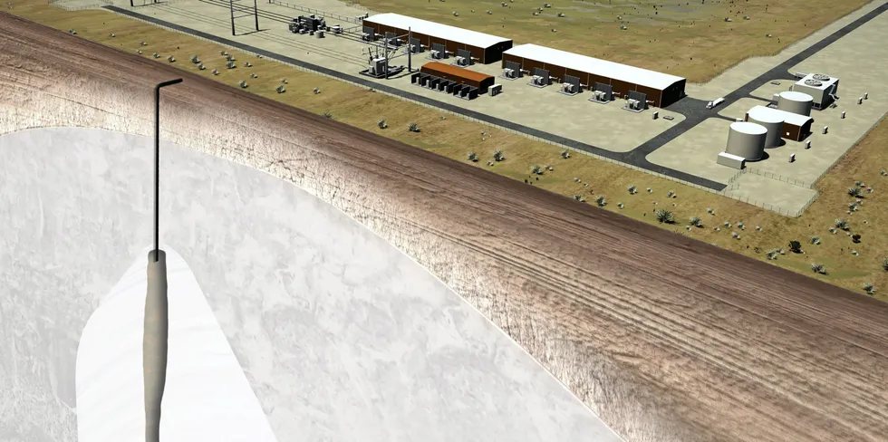 . A rendering of the Advanced Clean Energy Storage project in Utah, showing one of its salt caverns that will be used to store H2.