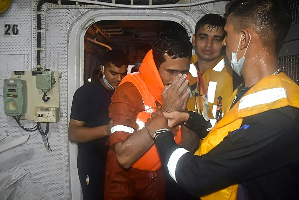 Rescued: a survivor from Afcons' stricken barge Papaa 305 that capsized and sank when it was hit by Cyclone Tauktae offshore western India