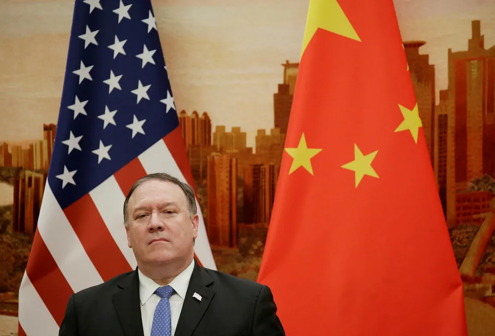 Kina med kraftig reaksjon på utspill fra USAs utenriksminister Mike Pompeo. Bildet er fra hans besøk i Kina i juni ifjor.