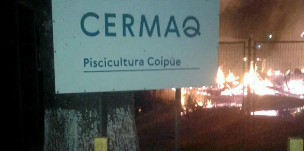 Ukjente attentatmenn satte i mai fyr på Cermaq Chiles ferskvannsanlegg Coipue.