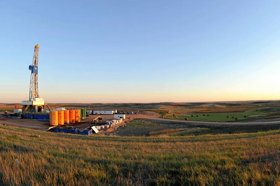 An oil drilling rig is seen September 29, 2010 near Stanley, North Dakota