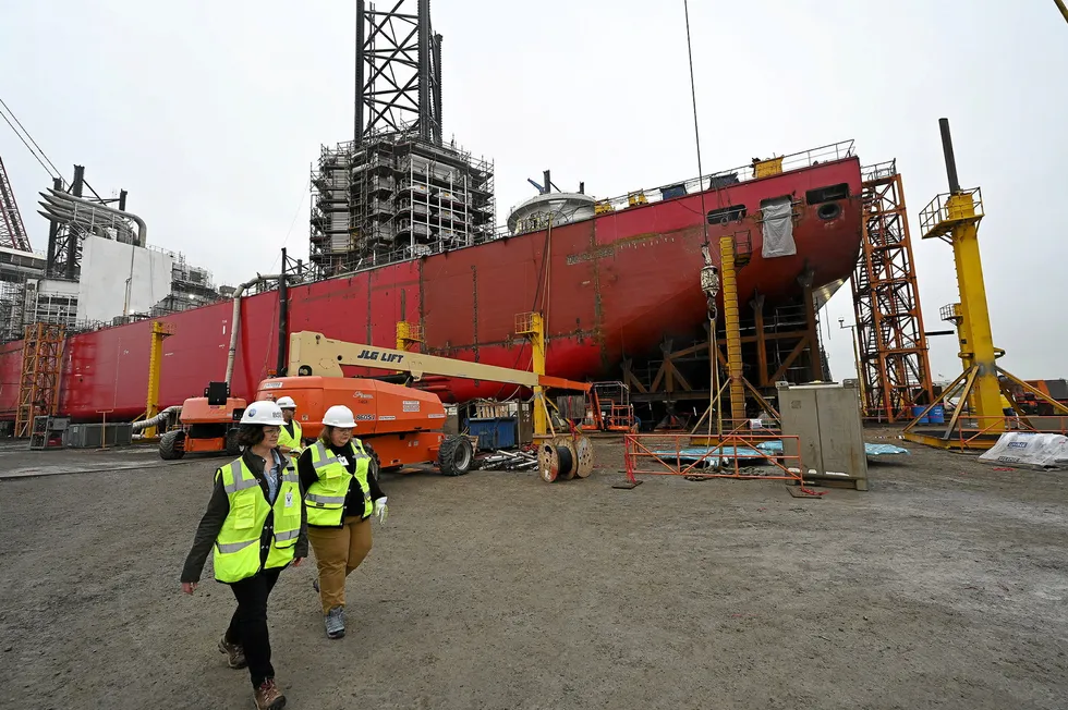 BOEM director Elizabeth Klein, front left, with other officials tours the Charybdis worksite.