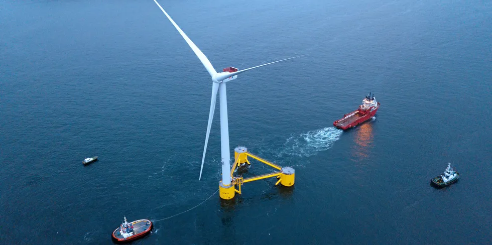 A Principle Power WindFloat topped with Vestas turbine heading for the WFA project off Portugal in 2019