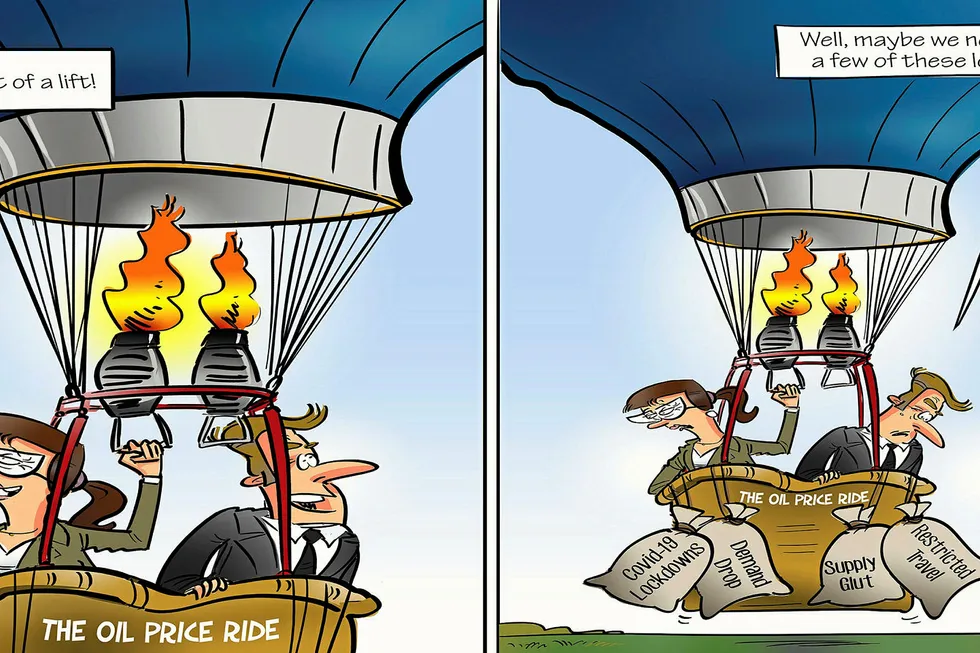 Up, up and ... awry? Crude prices were given a lift this week as lockdown measures began to ease in some countries, but significant headwinds mean oil and gas players are not likely to get too inflated, yet (Upstream's cartoon from 8 May 2020)