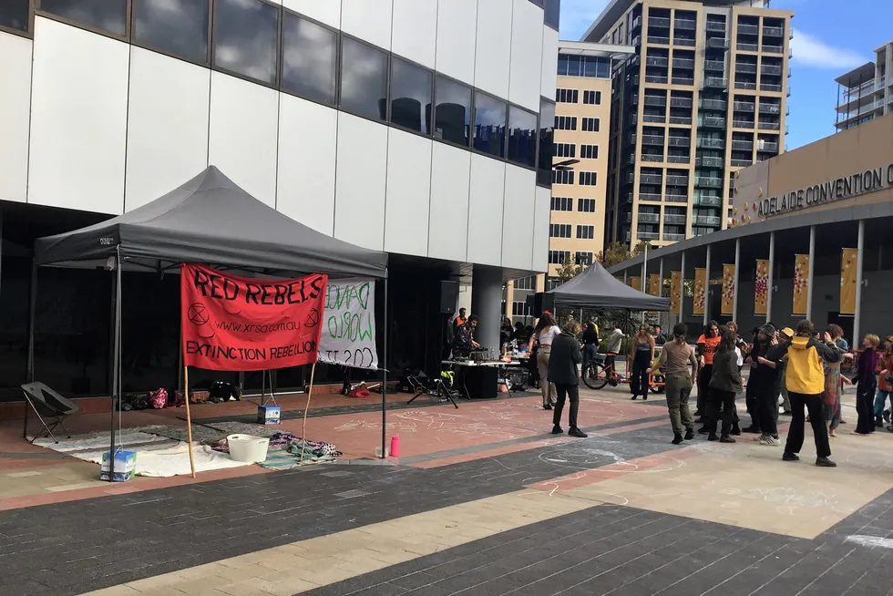 Climate-change protesters: Extinction Rebellion demonstrators rave outside the APPEA 2023 venue in Adelaide, South Australia.