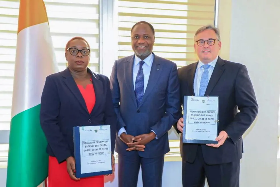 Prospects: Ivory Coast’s Minister of Petroleum, Mamadou Sangafowa-Coulibaly (centre), flanked by representatives of Petroci (left) and Murphy Oil (right) at a PSC signing ceremony in Abidjan in June 2023.