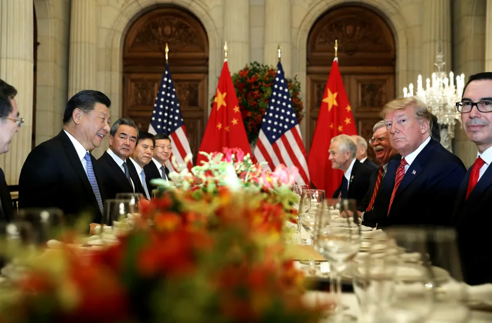 USAs president Donald Trump sammen med Kinas president Xi på G20-toppmøtet i Buenos Aires lørdag.