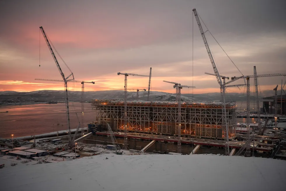 Solid built: topsides for Russia’s Arctic LNG 2 liquefied natural gas project being assembled on a concrete gravity-based foundation at the Belokamenka yard near Murmansk, northern Russia