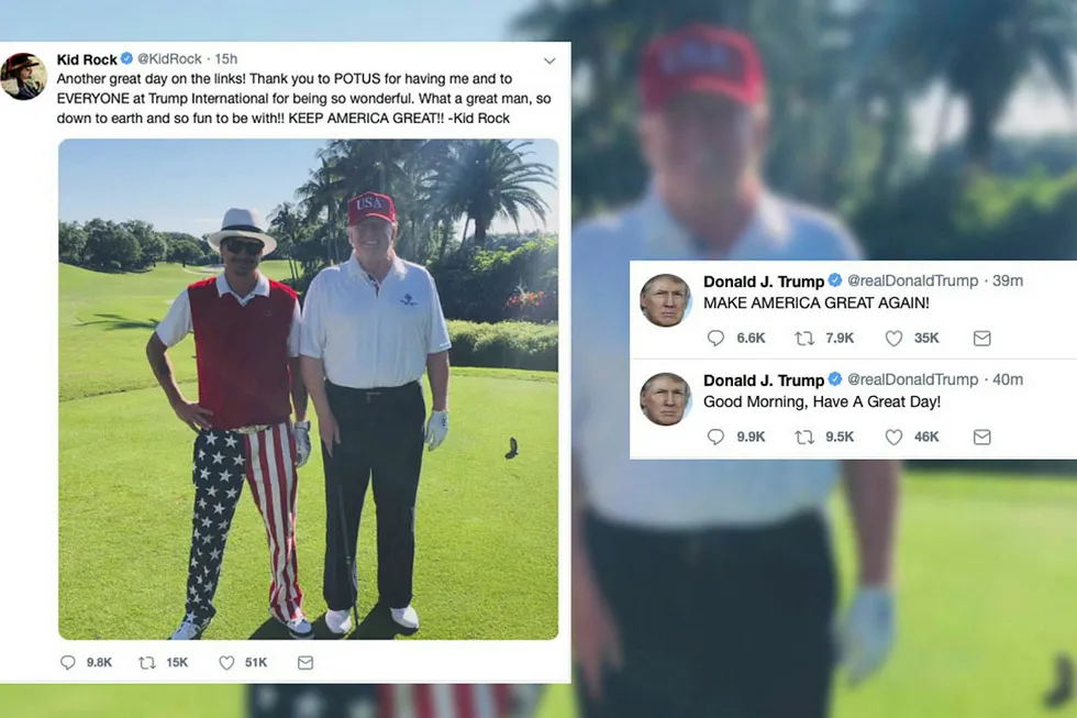 Dagen etter at Muller-rapporten er levert kongressen ønsker President Donald Trump via twitter en god søndag og spiller golf med rosckesjernen Kid Rock.