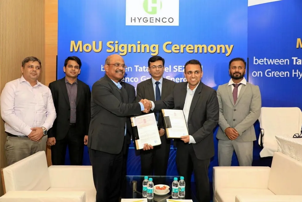 MoU Signing Ceremony . Hygenco and Tata Steel sign a "binding" memorandum of understanding for a 1.1 million-tonne green ammonia plant
