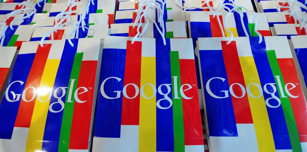 Google logo on bags during a press conference in Hamburg, Germany