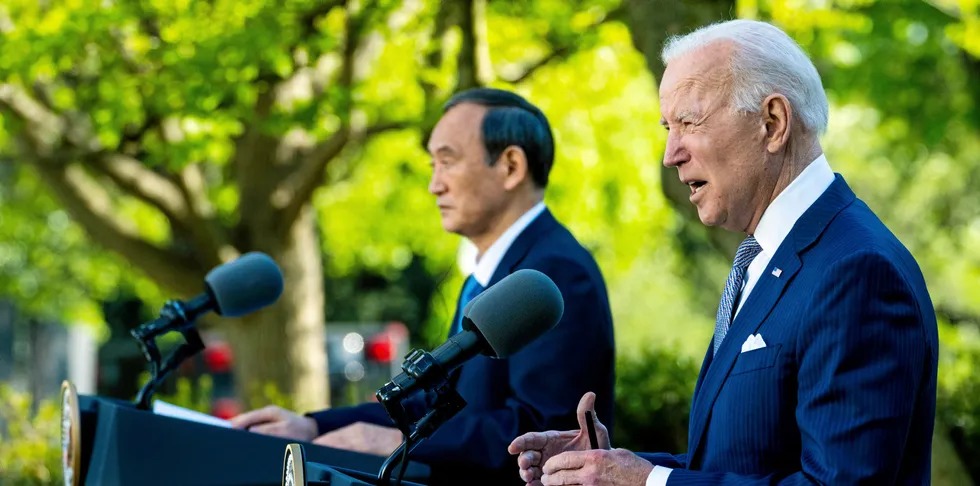 US President Joe Biden and Prime Minister Yoshihide Suga of Japan hold a news conference earlier in April.