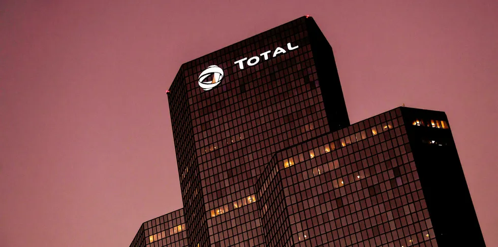 The logo of the French energy giant Total on its headquarters at the "La Defense" business district near Paris.