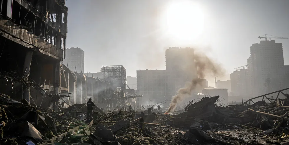 A view of the aftermath of the Retroville shopping mall following a Russian shelling attack which killed eight people on March 21, 2022 in Kyiv, Ukraine