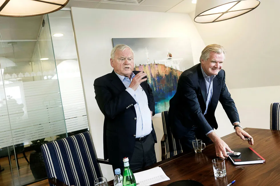 John Fredriksen og Tor Olav Trøim på deres kontor i London i 2014. Foto: Elin Høyland