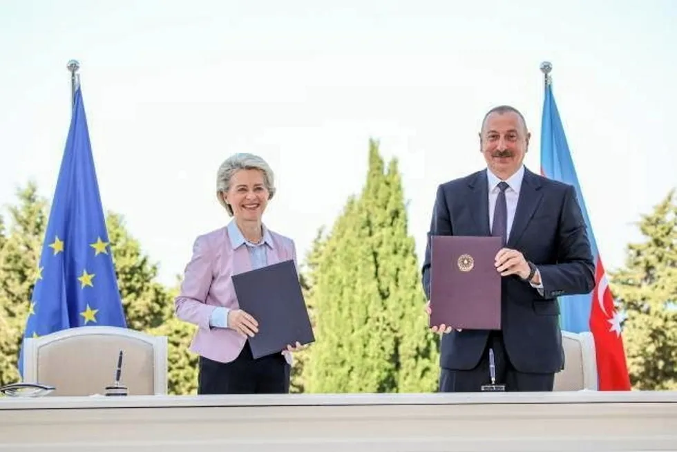Collaboration: European Commission president Ursula von der Leyen (left) and Azeri President Ilham Aliyev sign energy memorandum of understanding on 18 July 2022