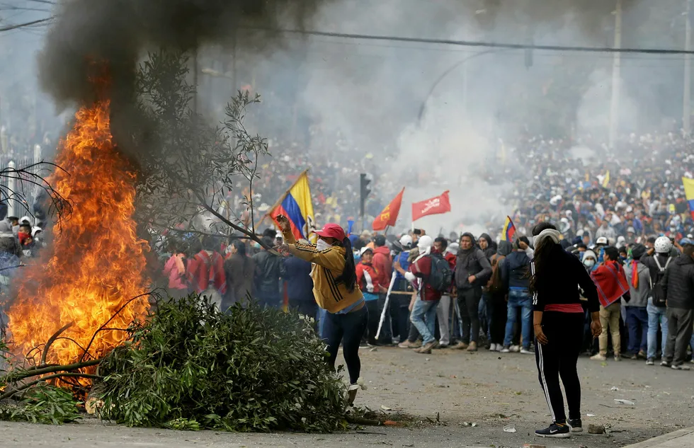 An anti-government demonstrator adds a branch to a burning barricade during a protest against President Lenin Moreno and his economic policies, in Quito, Ecuador, Tuesday, Oct. 8, 2019. Ecuador has endured days of popular upheaval since Moreno scrapped fuel price subsidies, a step that set off protests and clashes across the South American country. (AP Photo/Fernando Vergara)